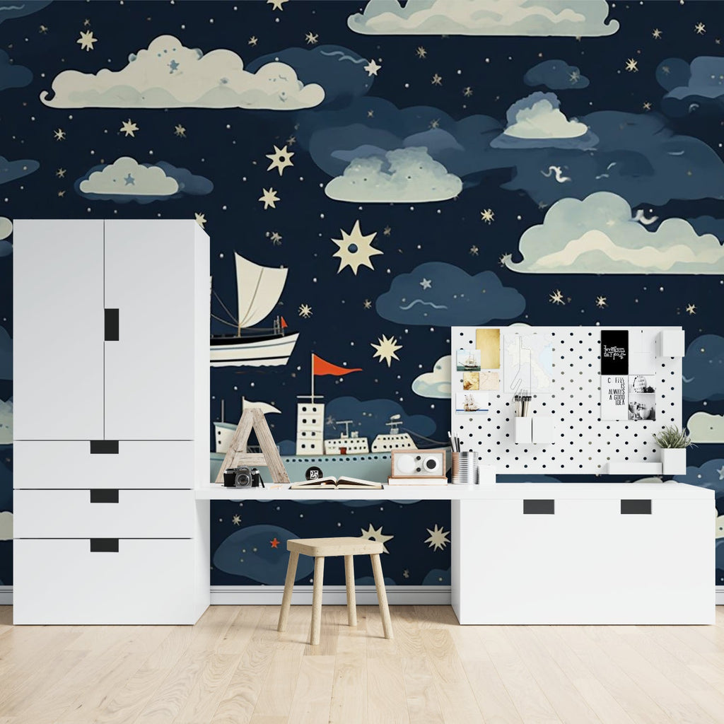 Modern nursery featuring nautical night sky wallpaper with dreamy star patterns
