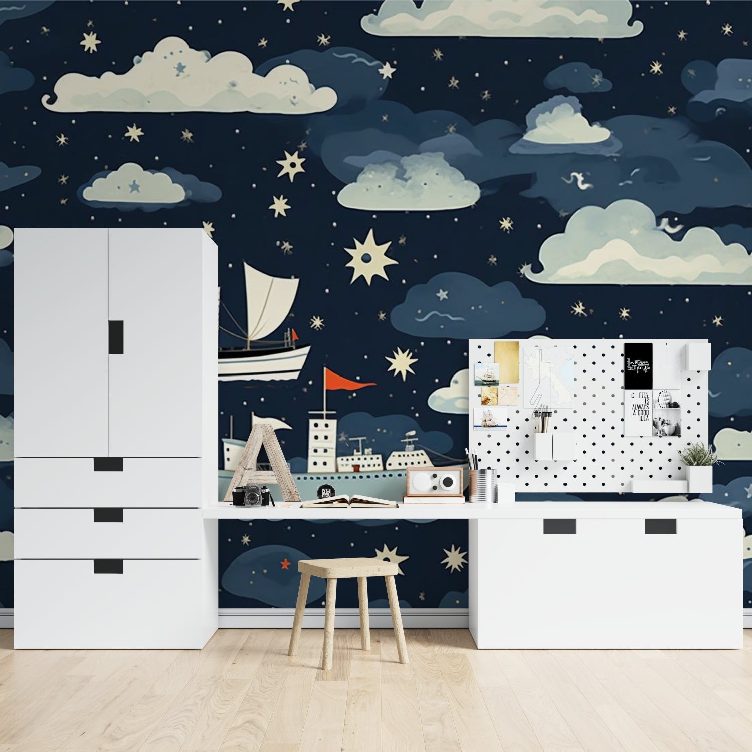 Modern nursery featuring nautical night sky wallpaper with dreamy star patterns