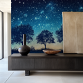 Night sky wallpaper creating a cozy atmosphere in a modern bedroom with soft lighting