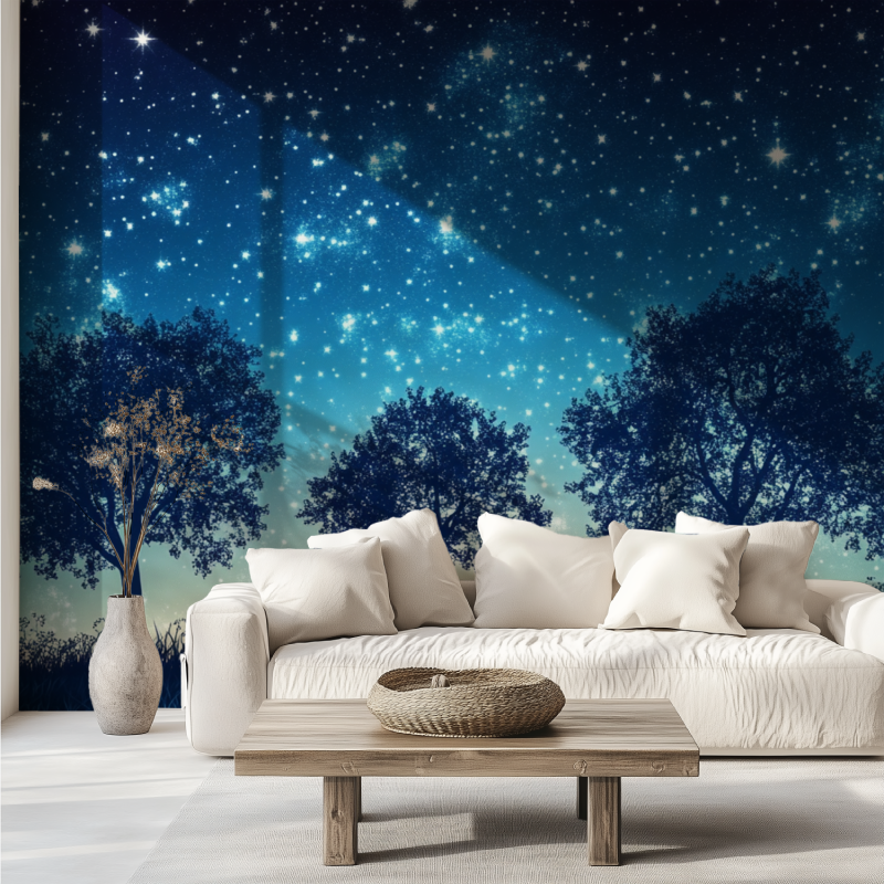 Night sky mural wallpaper transforming a living room into a stargazing space