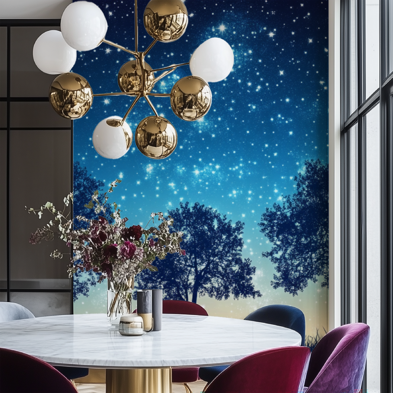 Forest silhouette wallpaper creating depth in a home office setting