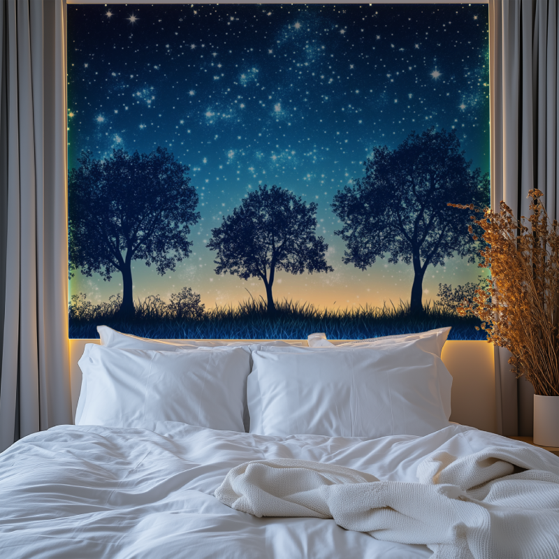 Starry night wallpaper adding magic to a meditation room