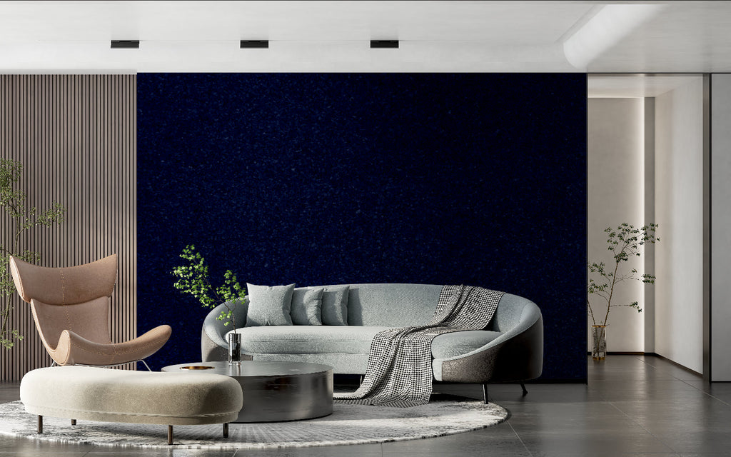 Starry blue glitter wallpaper in a child's nursery with gentle moonlight streaming through windows