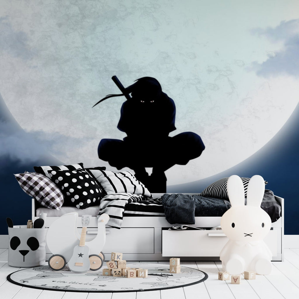 Night sky ninja mural creating depth in small bedroom space