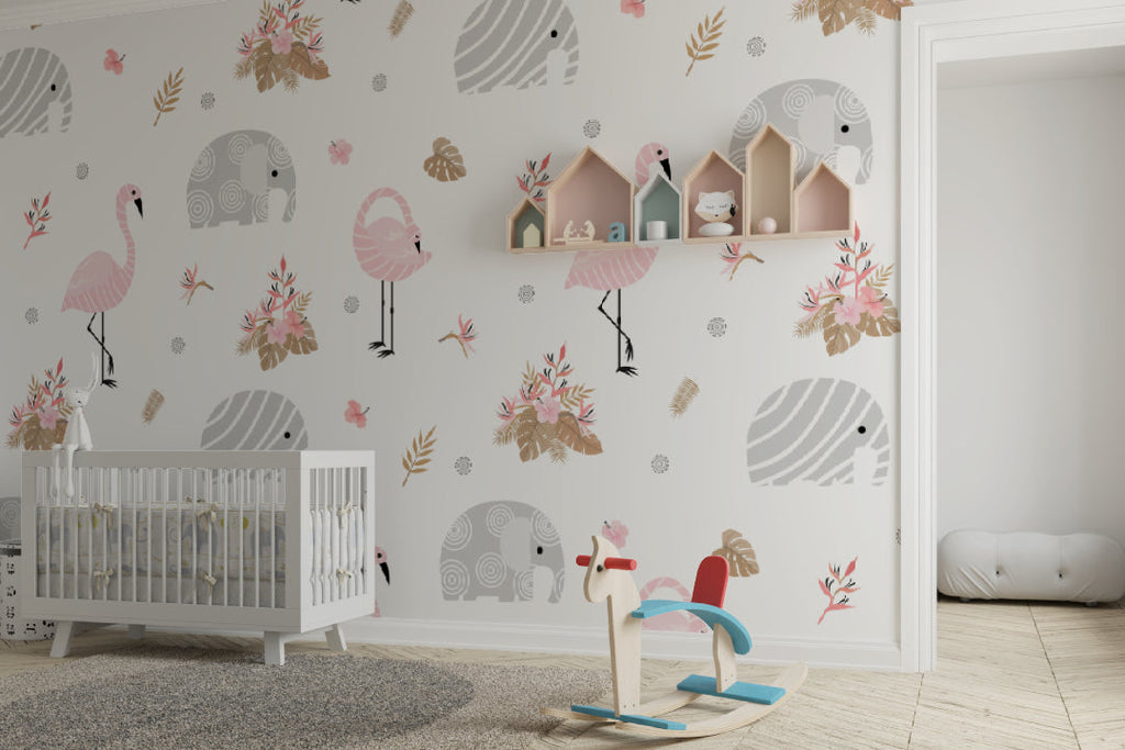 Baby girl's room featuring flamingo wallpaper with matching pink curtains and white crib
