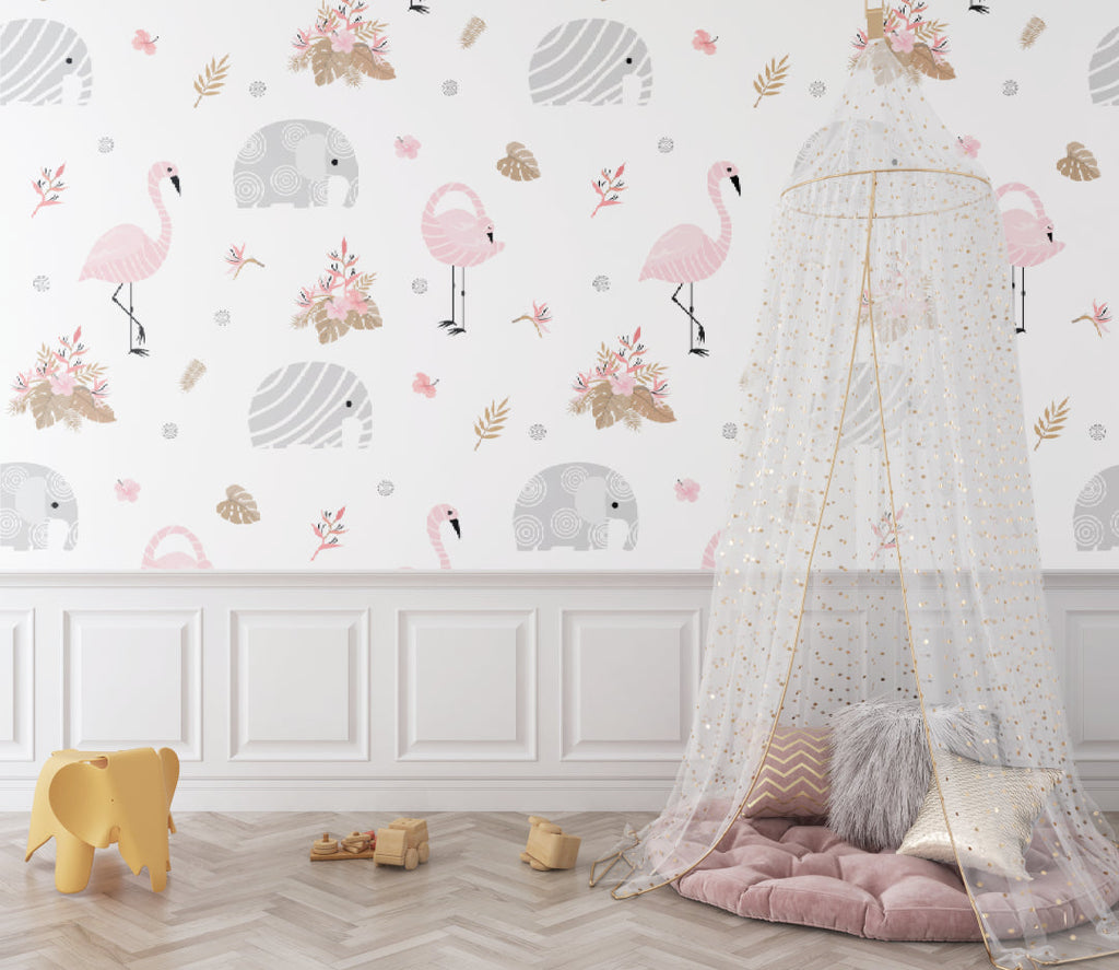 Elephant pattern wallpaper in a playroom setting with soft toys and reading corner