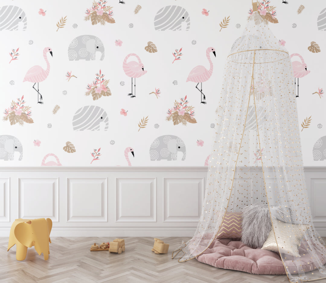 Elephant pattern wallpaper in a playroom setting with soft toys and reading corner