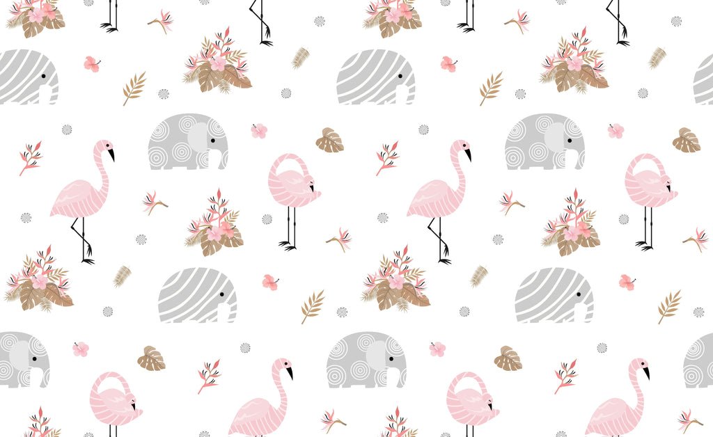 Design file showing detailed pink flamingo and grey elephant pattern with golden palm leaves