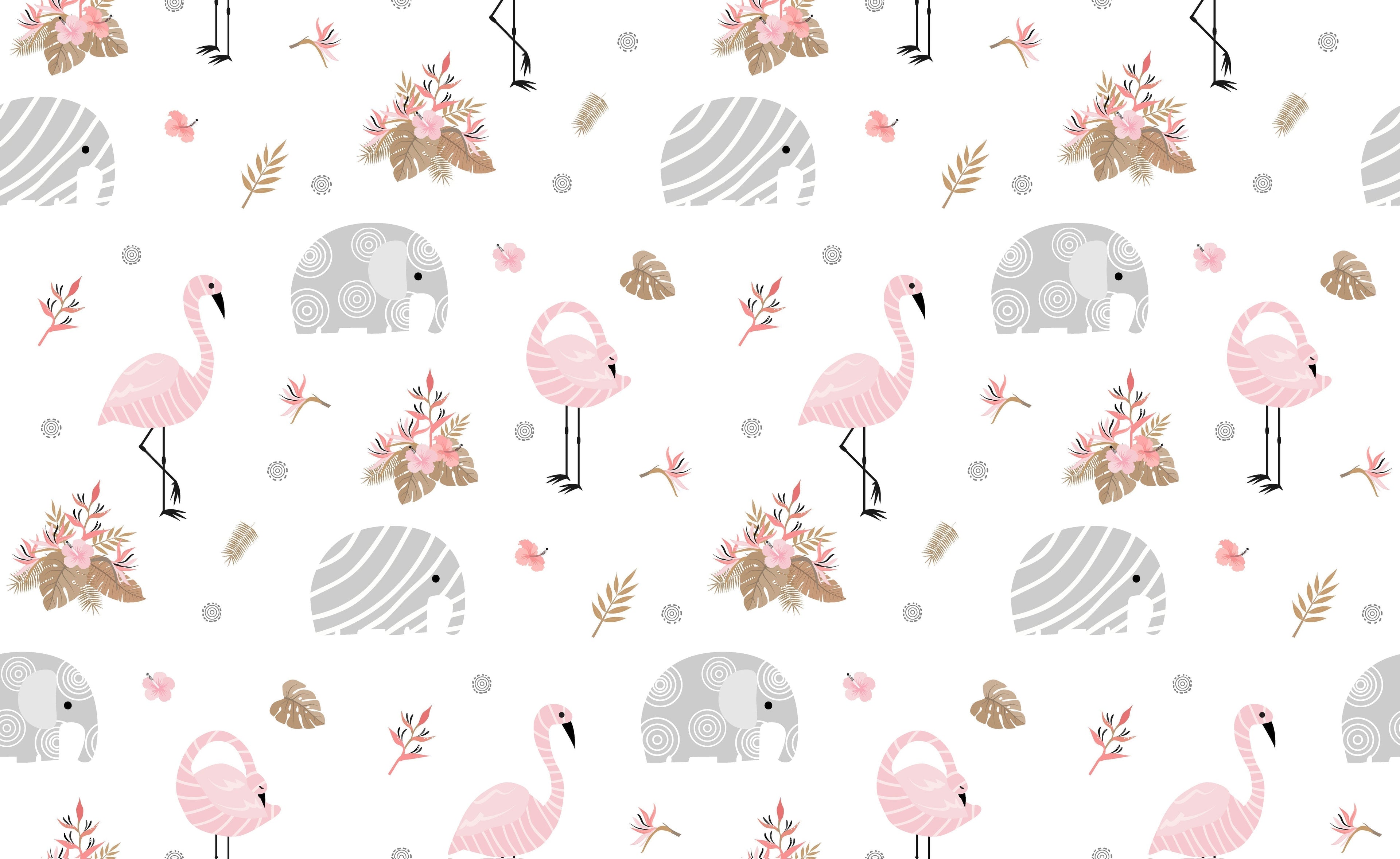 Design file showing detailed pink flamingo and grey elephant pattern with golden palm leaves