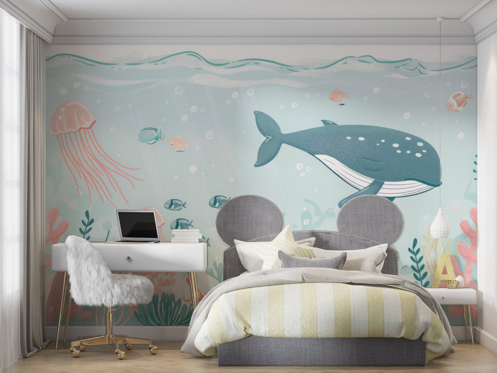Ocean animals wallpaper displayed in a bright nursery with soft lighting and wooden furniture
