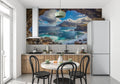 Ocean cave wallpaper creating depth in modern living room with white furniture and natural light