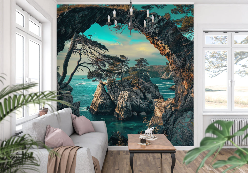 Beach cave wallpaper in dining room showing scale and perspective