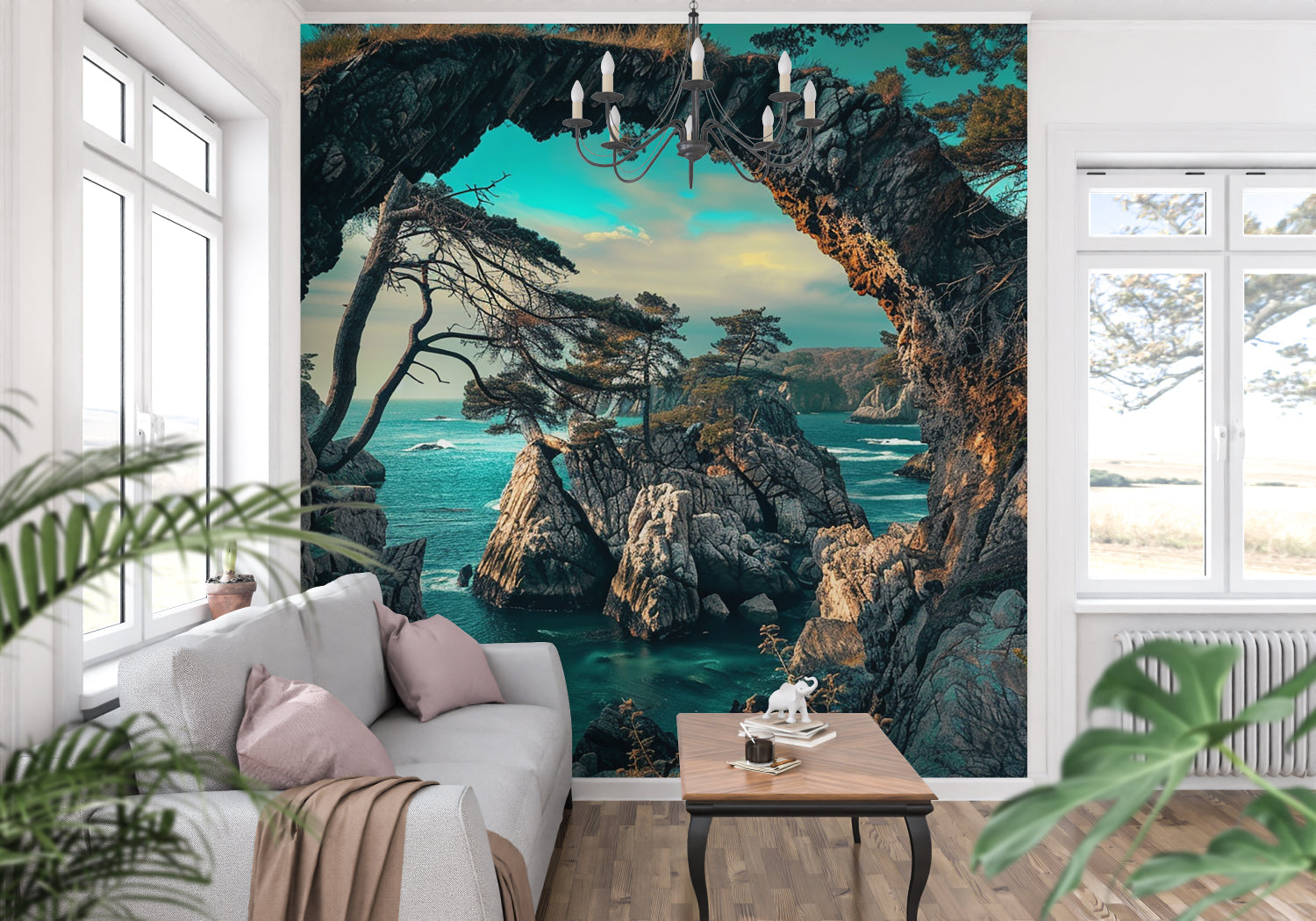 Beach cave wallpaper in dining room showing scale and perspective