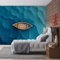 Ocean waves wallpaper creating a calming atmosphere in a modern living room, with turquoise and blue tones adding depth