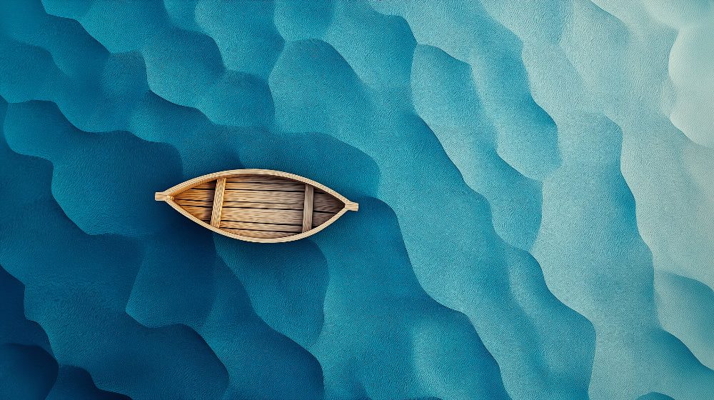 Ocean waves wallpaper design file showing detailed turquoise wave patterns with wooden boat accent
