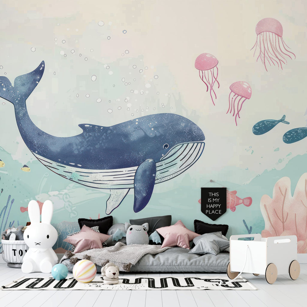 Ocean theme wallpaper creating a peaceful nursery atmosphere with gentle whale and jellyfish design