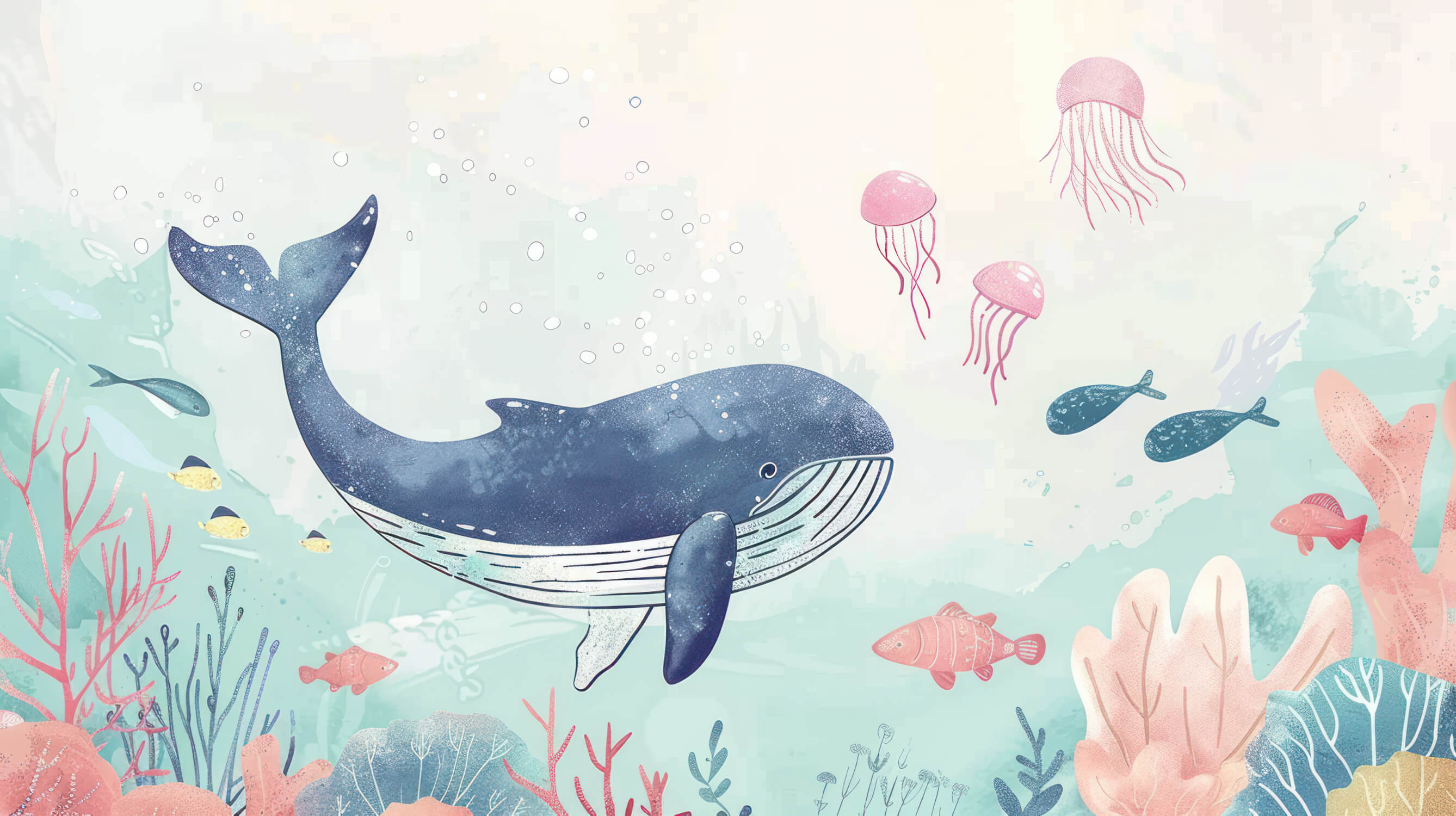 Ocean wallpaper design file showing detailed whale and jellyfish pattern in watercolor style