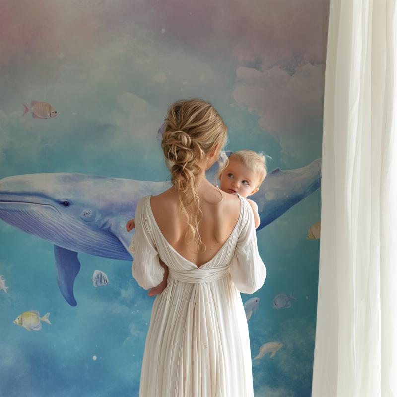 Ocean theme wall mural featuring whales in a modern playroom setting
