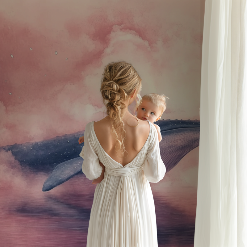 Ocean theme wallpaper with whale in child's bedroom showing full wall installation