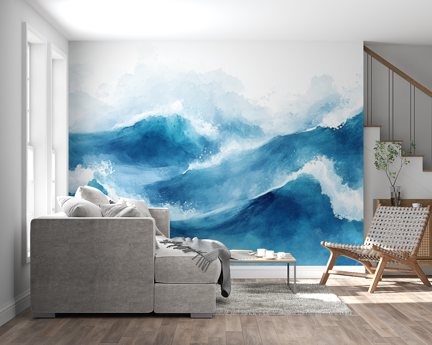 Ocean wave mural adding movement to modern bathroom design