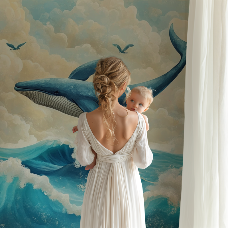 Whale wall mural creating depth in a cozy reading nook with natural light