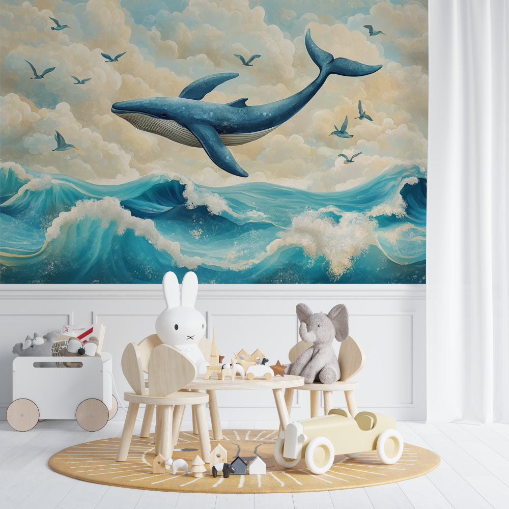 Ocean theme wallpaper installed in a coastal style bedroom with blue accents