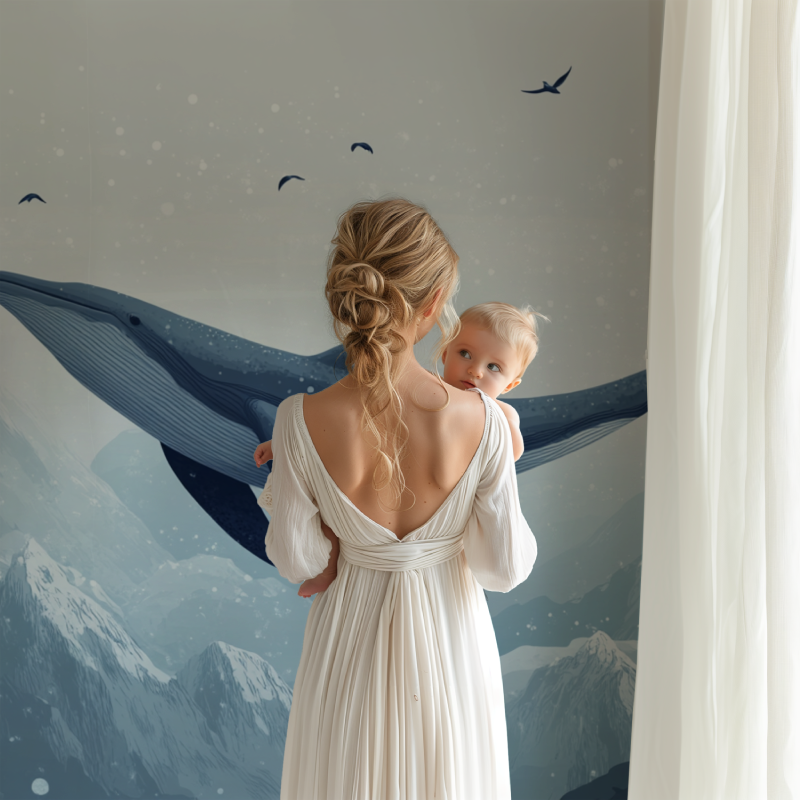 Whale nursery wallpaper creating a peaceful atmosphere in a modern nursery with white furniture
