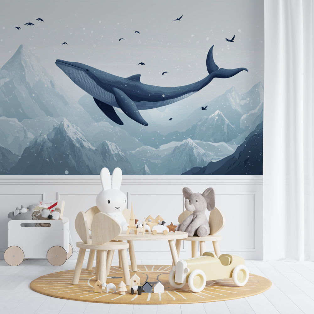 Whale wall mural adding depth to a minimalist bedroom space