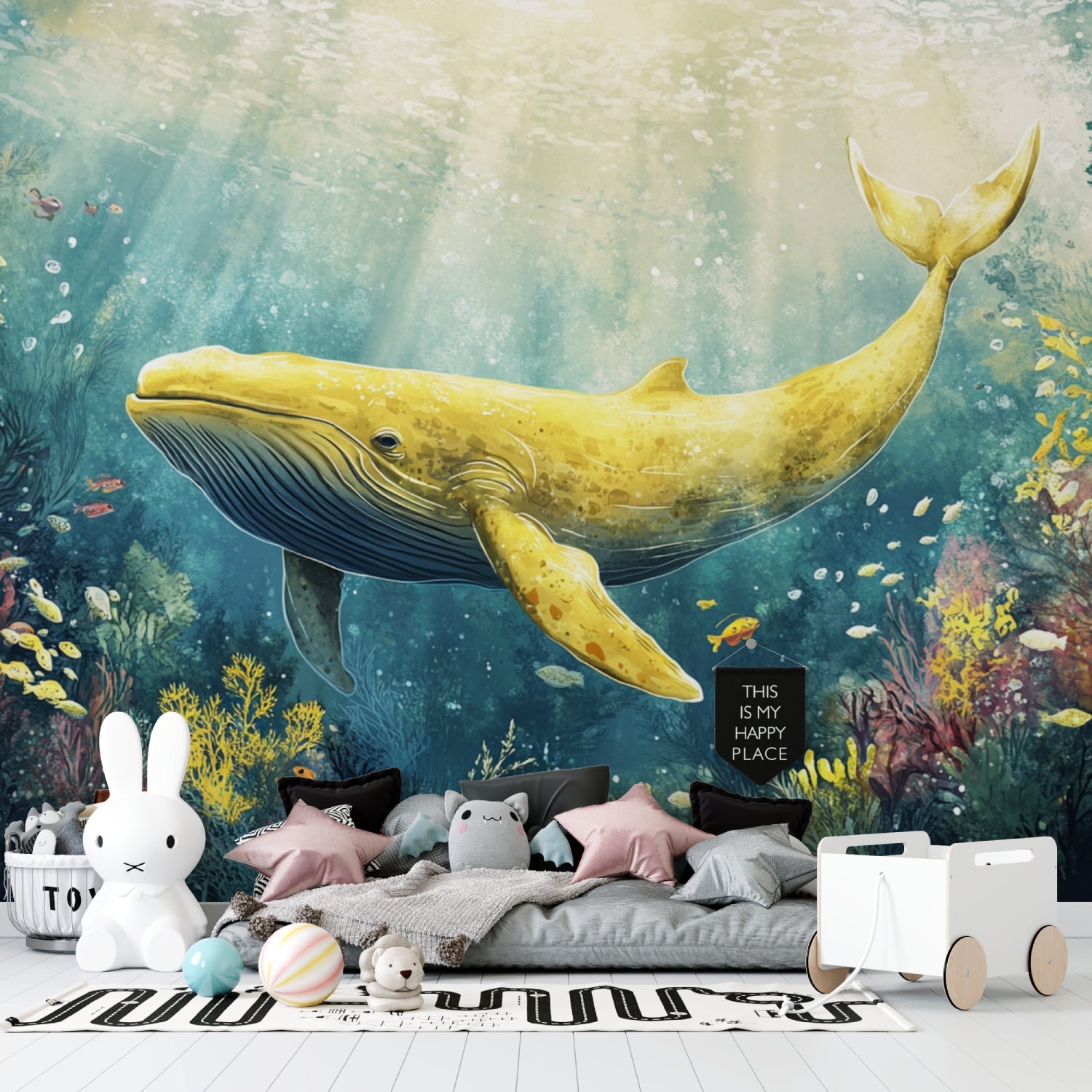 Ocean Theme Wallpaper creating depth in a modern living room setting