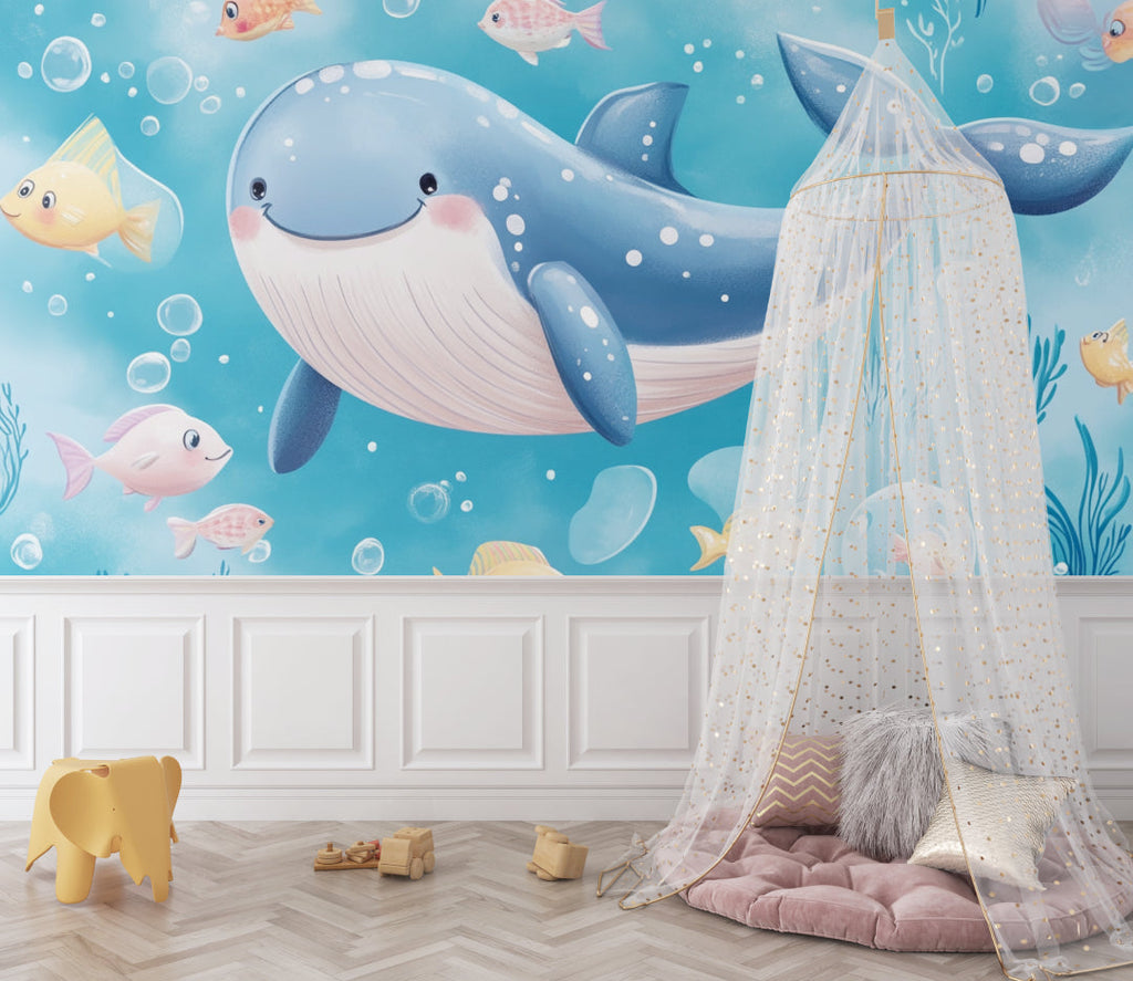 Ocean themed wallpaper creating calm atmosphere in baby's room with white furniture