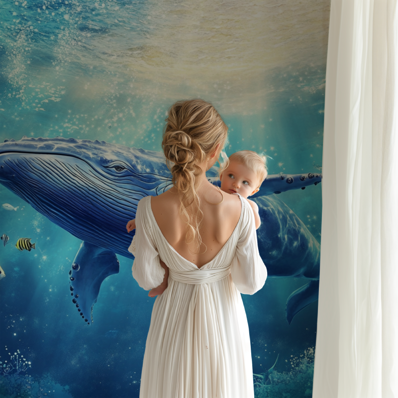 Ocean Mural Wallpaper featuring blue whale in nursery room, creating peaceful underwater atmosphere