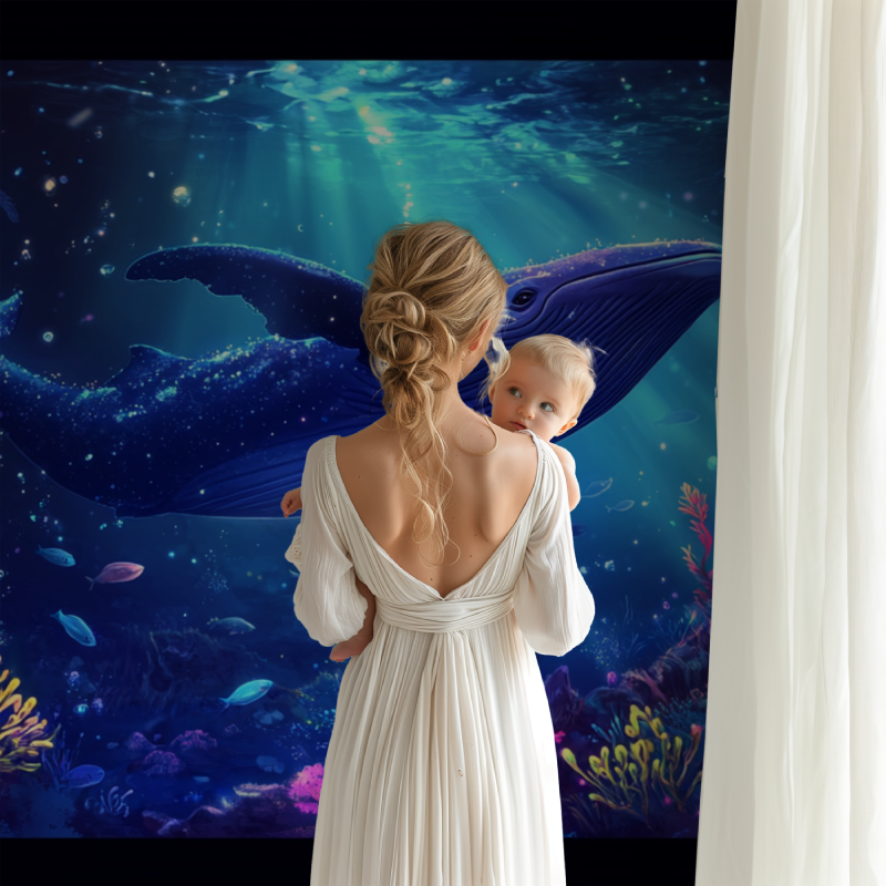 Underwater whale mural bringing ocean vibes to a cozy bedroom with natural light