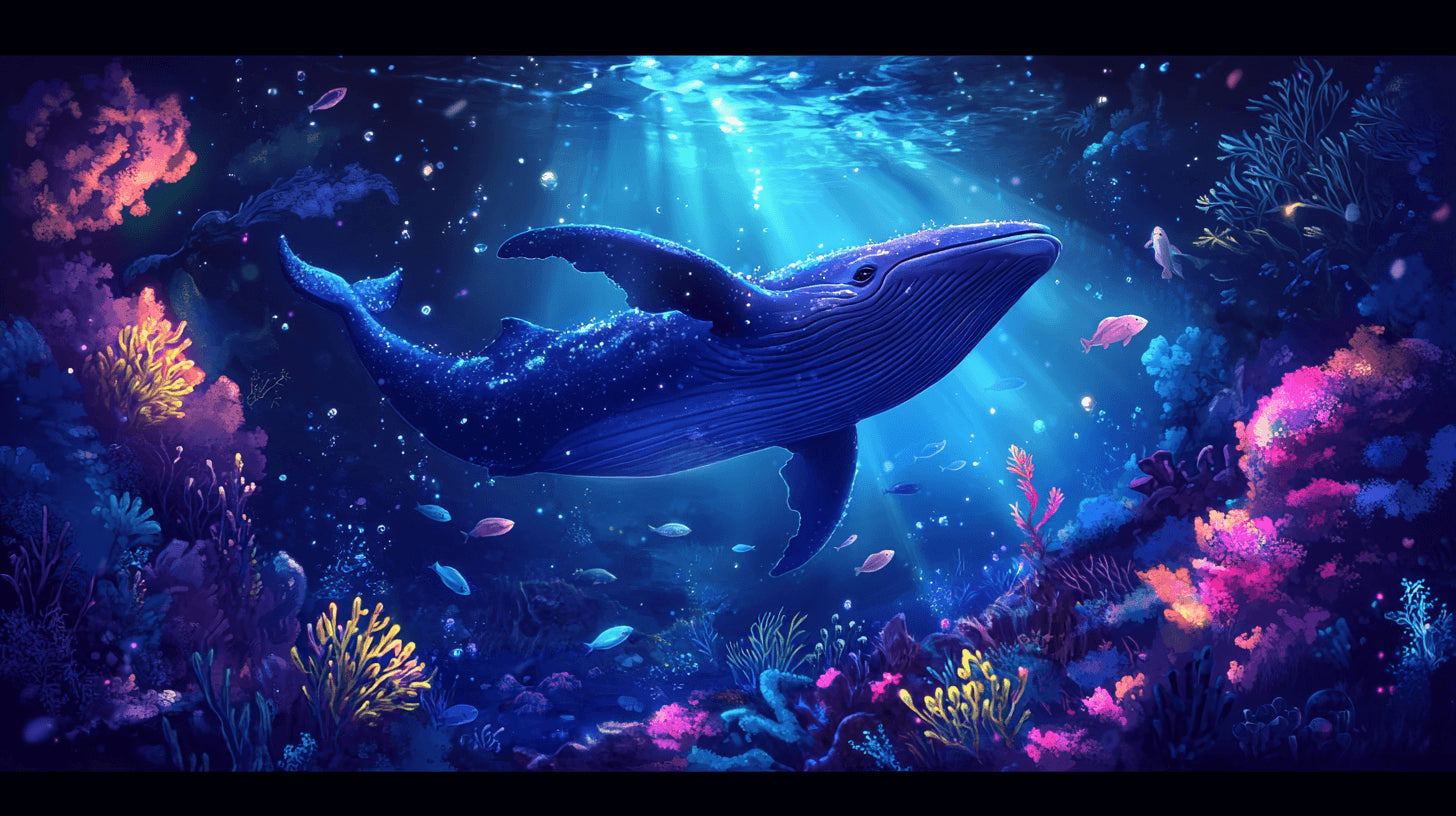 Design file showing detailed underwater whale pattern with coral reef and light rays