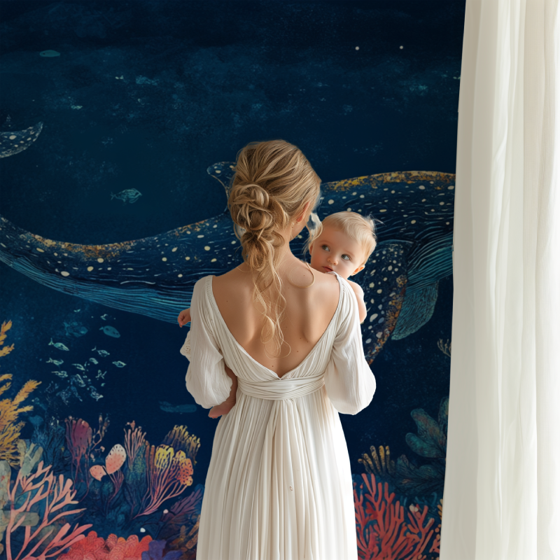 Marine life wallpaper showcased in a cozy reading nook with soft lighting