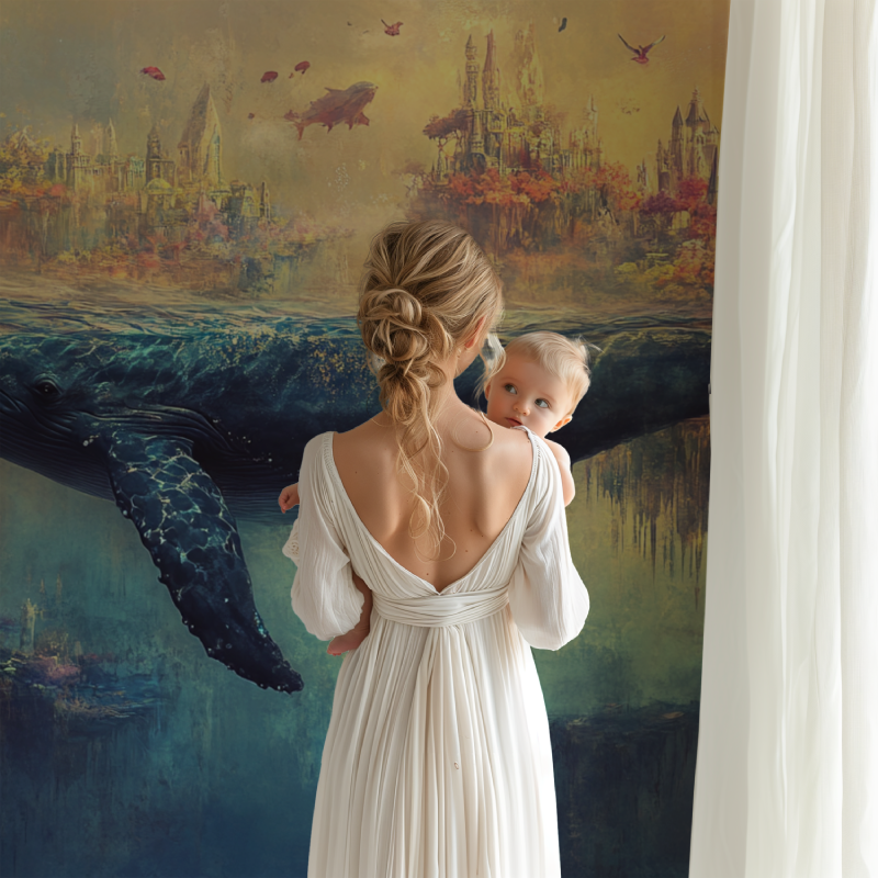 Magical underwater scene wallpaper making a statement in a cozy reading corner