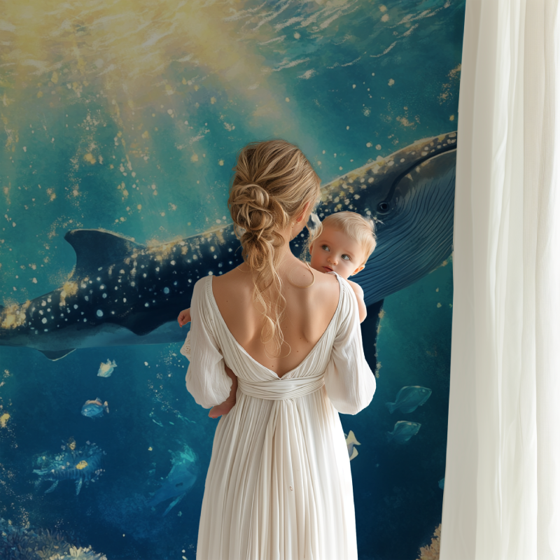 Underwater wall mural brightening a modern living room with whale and shimmering fish design