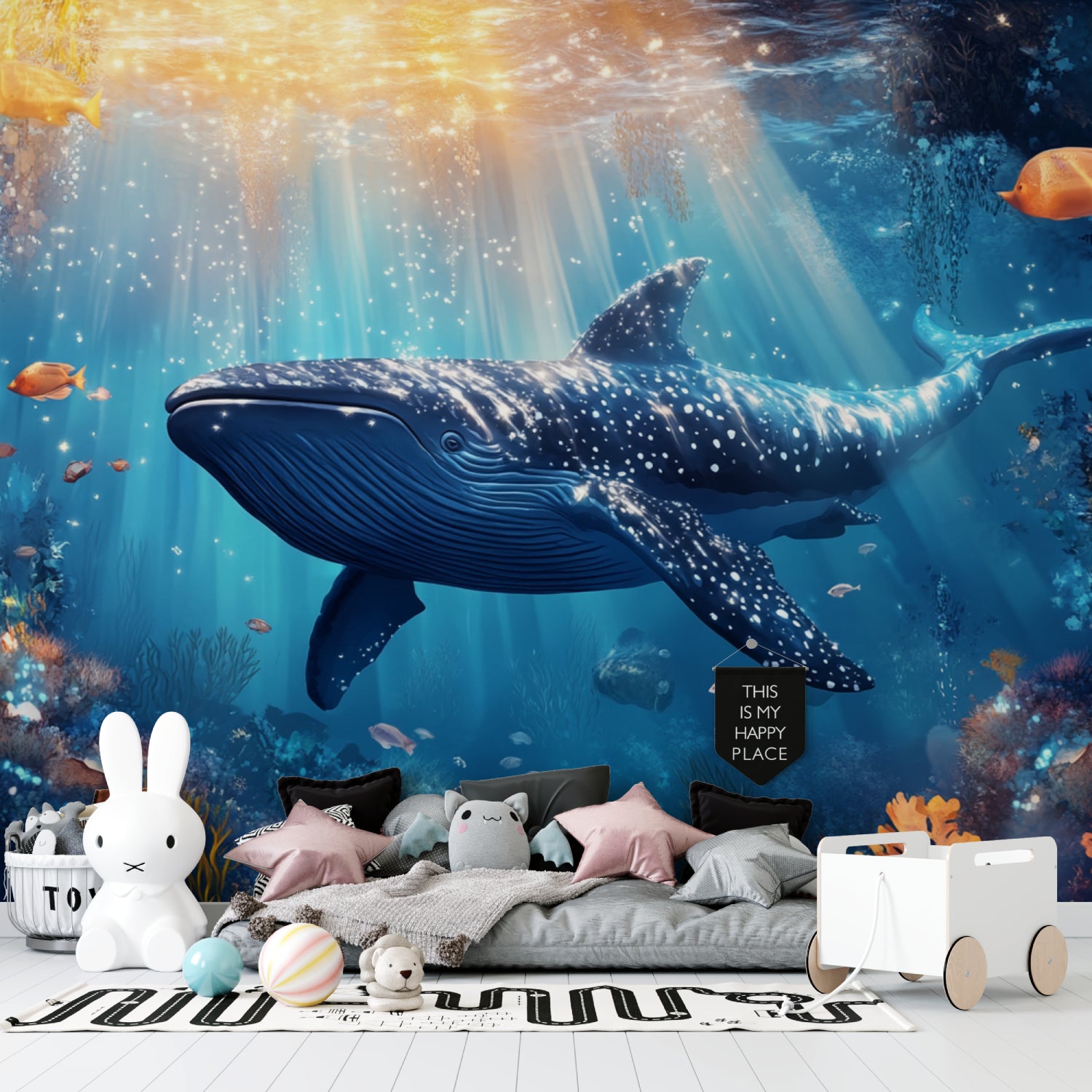 Underwater Whale Mural in child's bedroom showing scale and peaceful atmosphere