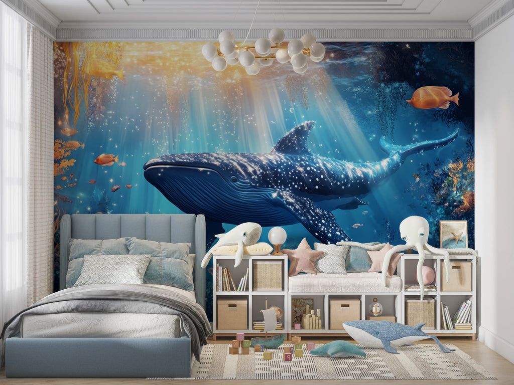 Blue Whale Wall Mural displayed in coastal-style dining room