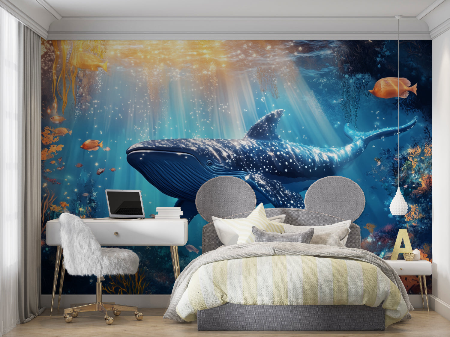 Ocean Mural transforming modern bathroom into underwater oasis