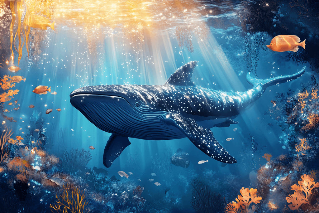 Majestic Blue Whale design file showing detailed underwater scene with sunlight rays