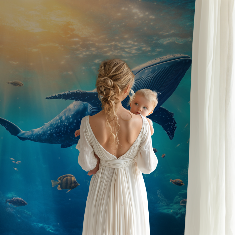 Marine life wallpaper featuring blue whale in a peaceful home office setting