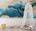 Ocean Whale Mural transforms modern living room with soft blue tones and golden accents