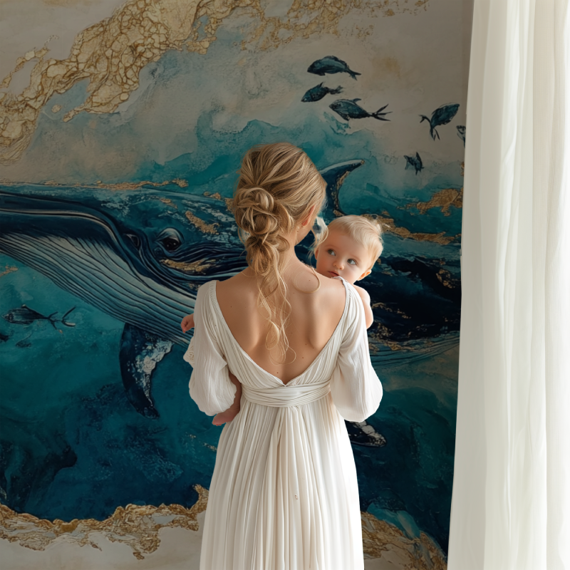 Whale Wall Mural creates serene atmosphere in master bedroom