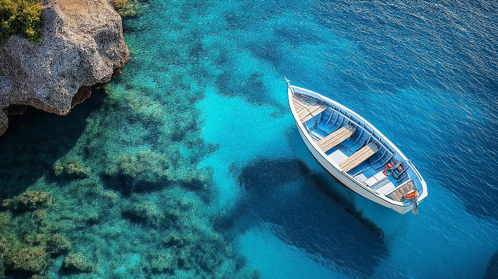 Mediterranean boat design file showing detailed turquoise water patterns and white boat contrast