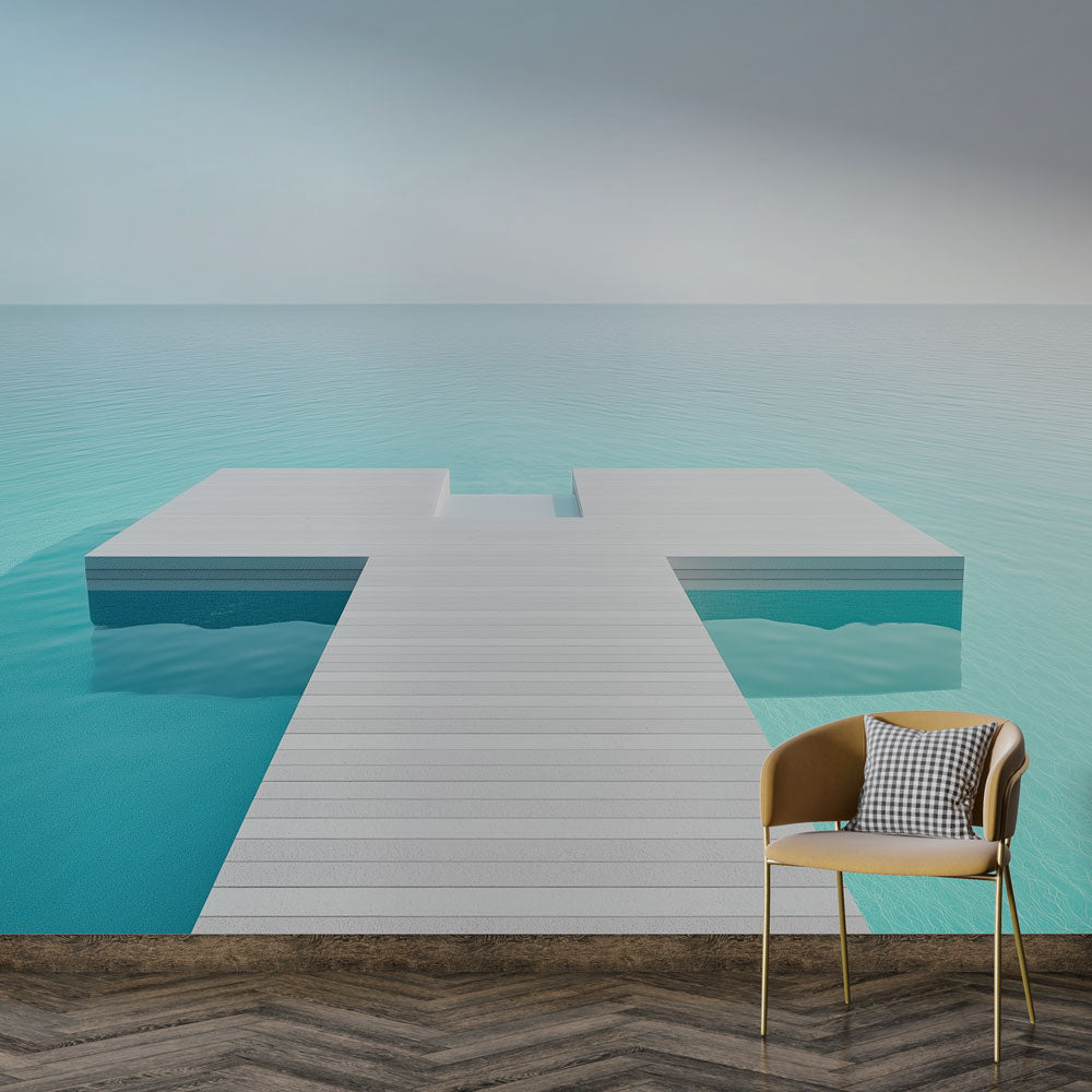 Minimalist ocean bridge wallpaper creating a serene atmosphere in a modern living room with white furniture