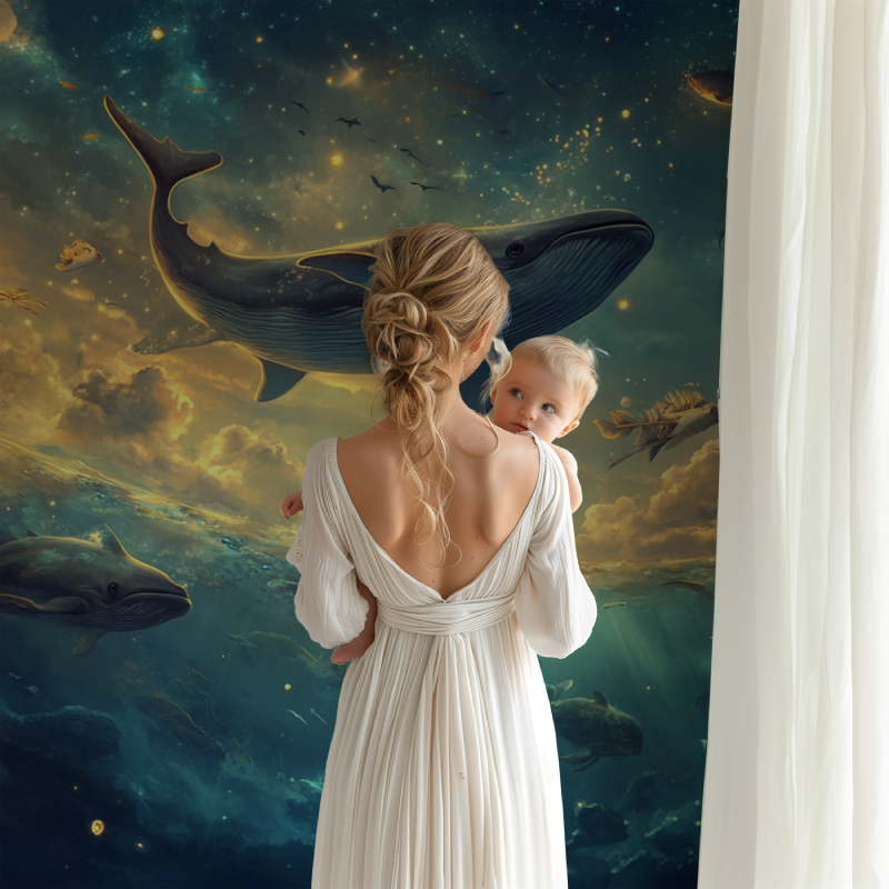 Marine wall mural transforming a child's bedroom into an underwater wonderland