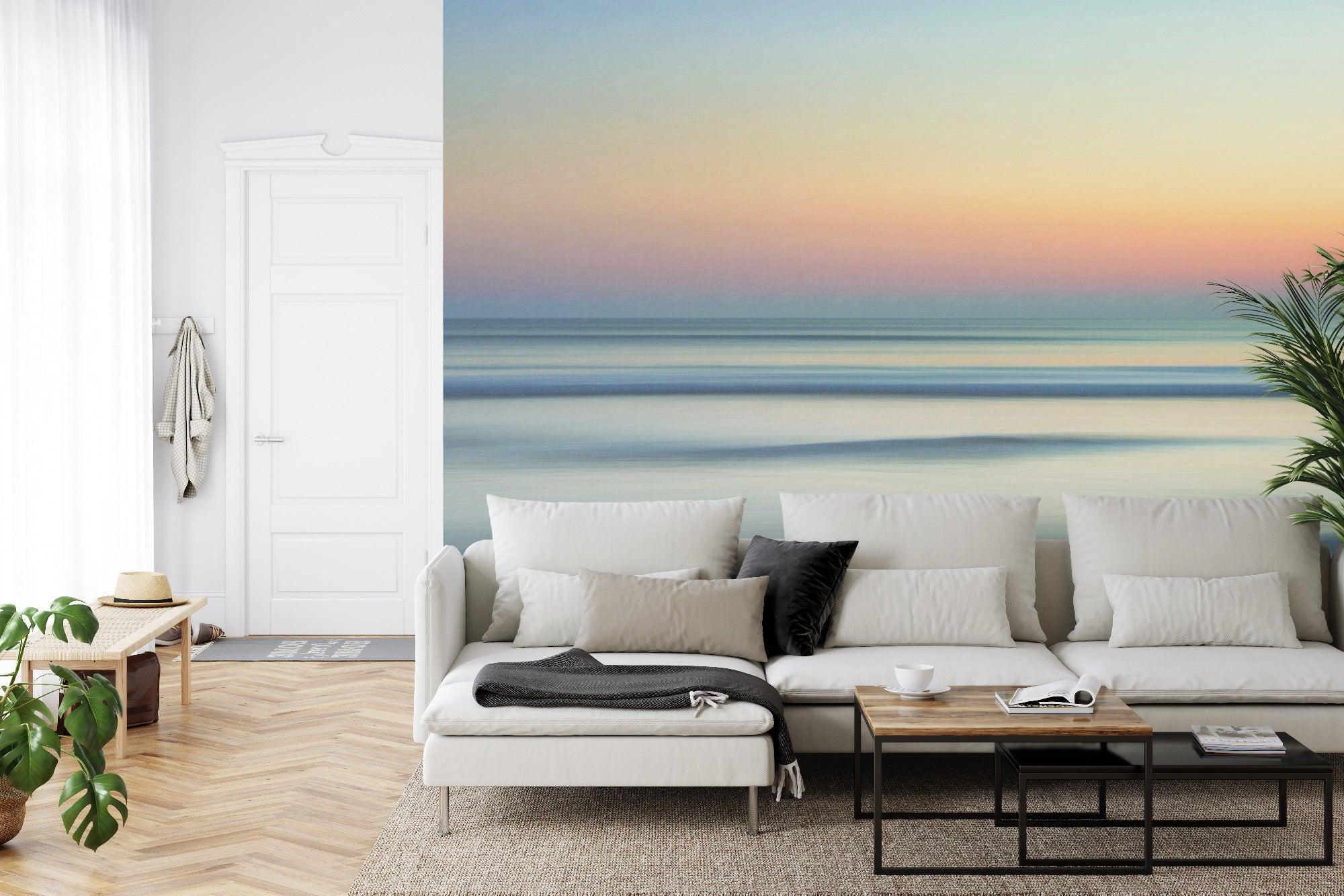 Beach horizon wallpaper transforming a home office with soft coastal colors