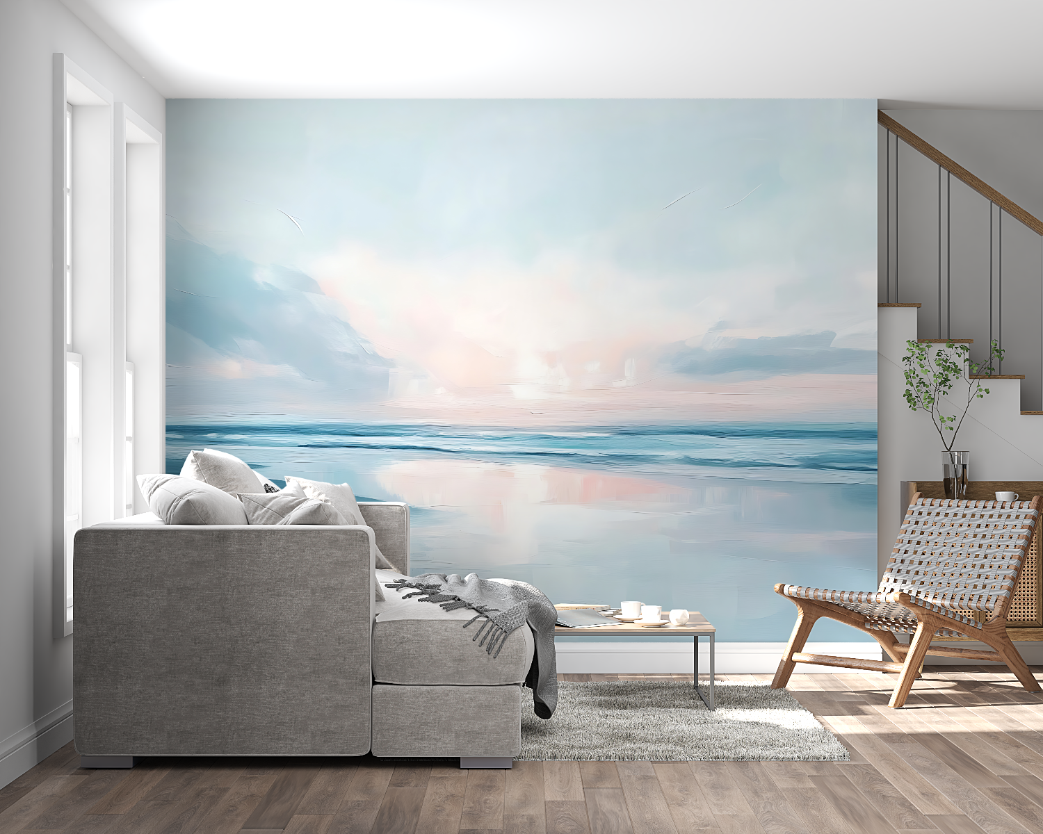 Ocean wall mural brightening a dining room with soft pastel colors
