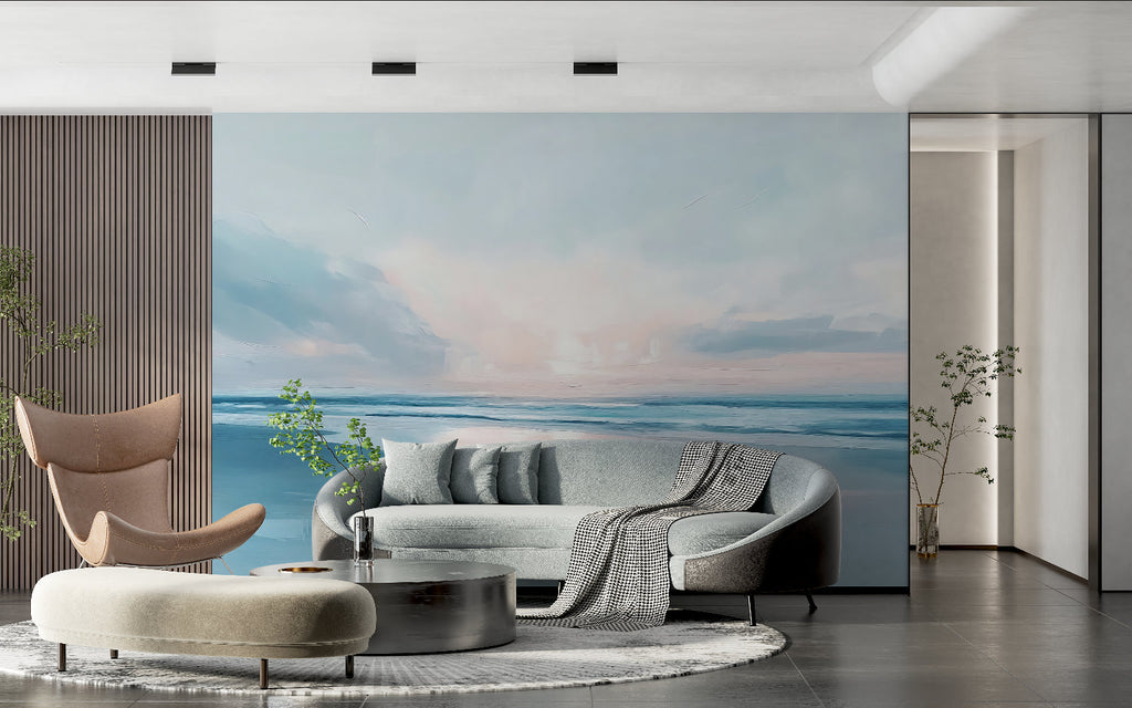 Ocean themed wallpaper creating a calming atmosphere in a bathroom