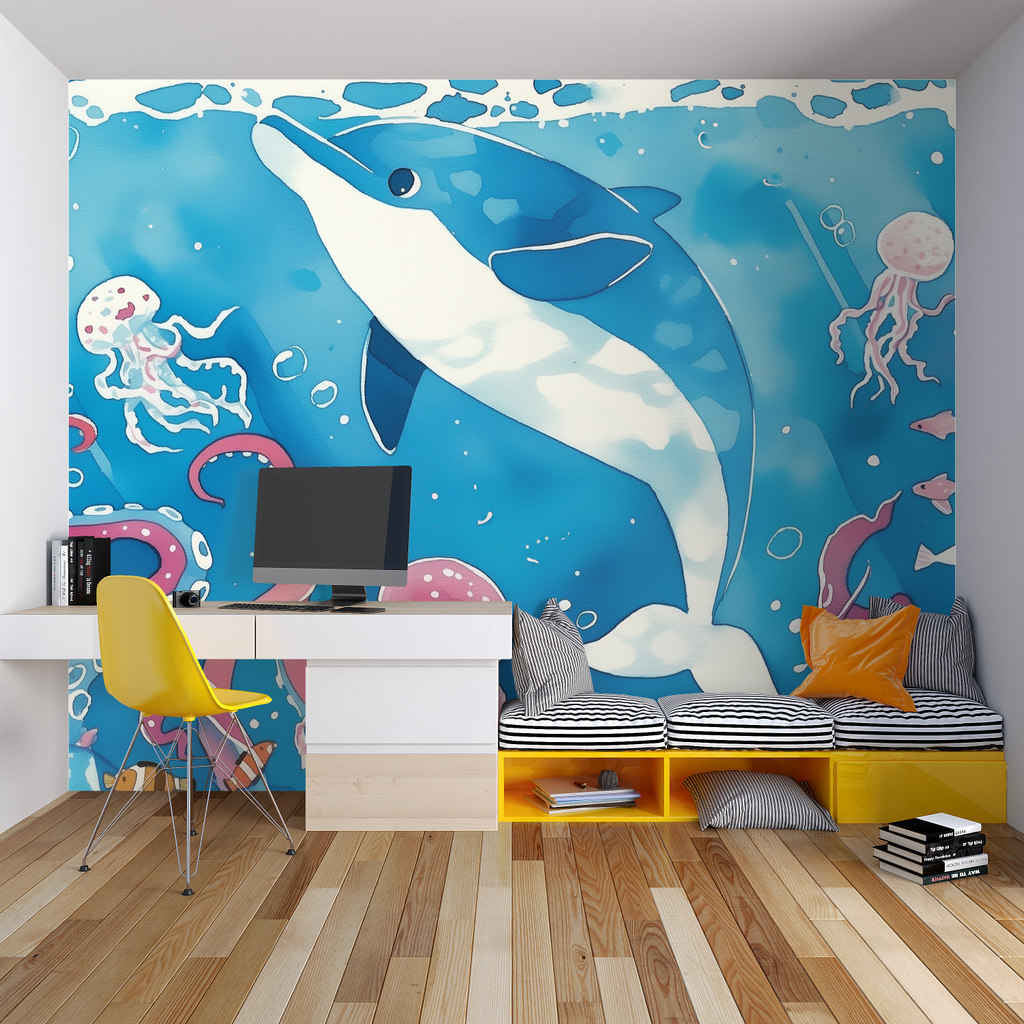 Underwater mural bringing ocean charm to a reading nook corner